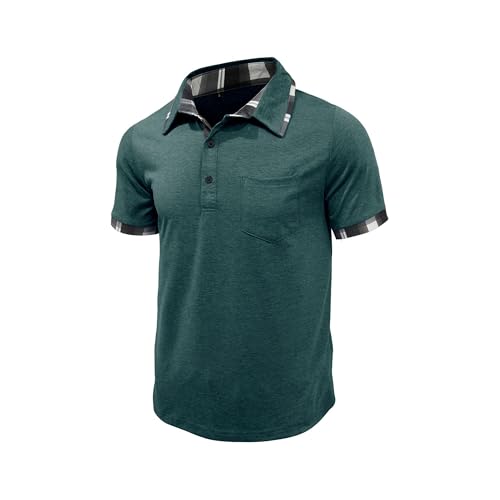 Maiyifu-GJ Men's Stylish Checkered Collar Henley Shirts Summer Lightweight Tees Pocket Casual Business Tops (Green,Large)3