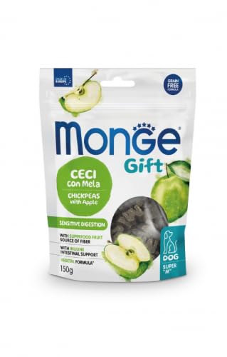 MONGE Cane Snack Gift Sensitive Digestion Ceci con Mela Super “M” | snack per cani adulti di tutte le taglie, altamente appetibile, senza cereali, Made in Italy, 3 confezioni da 150 grammi.
