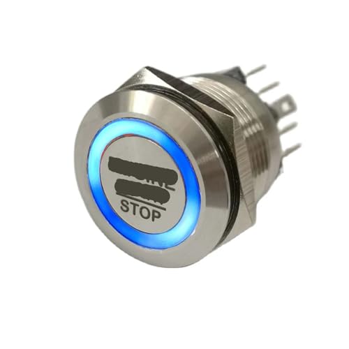 Pulsador de 25mm con bloqueo contra desconexiones con indicador azul transparente 6V