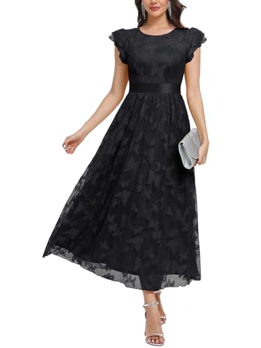 Image of Women's Casual Tulle Midi Dress Ruffle Sleeve Crewneck Lace Flowy Dresses Party Wedding Guest Sundress