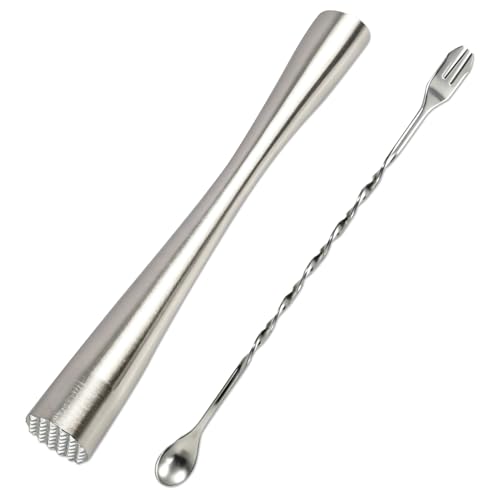 Nexaflow Set de Pilon à Cocktail en Acier Inoxydable 304 – 26cm Pilon Muddler + 24,6cm Cuillère à Bar, Écraseur de Menthe/Citron/Glaçons, Bar & Restaurant, Facile à Nettoyer