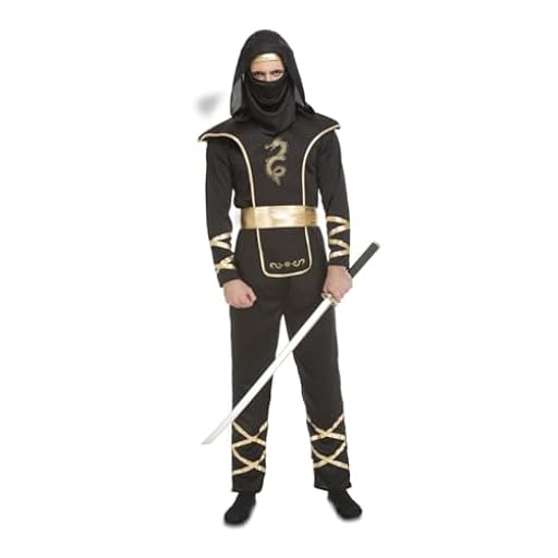 My Other Me - Disfraz Ninja Hombre, talla M-L. Incluye mono negro con capucha y detalles dorados en mangas y piernas, armadura negra con bordes dorados, cinturón dorado y máscara negra. | Ya disponible en tu tienda friki favorita! En mundofriki.es!