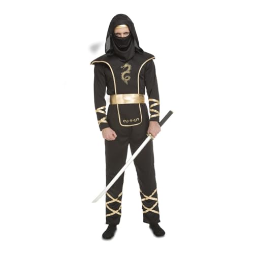My Other Me - Disfraz Ninja Hombre, talla XS. Incluye mono negro con capucha y detalles dorados en mangas y piernas, armadura negra con bordes dorados, cinturón dorado y máscara negra.