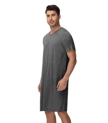 WiWi Men's Nightshirt Short-Sleeve Nightgown Viscose from Bamboo Soft Loose V-Neck Sleepwear Nightwear Sleepshirt Gowns S-XXL2