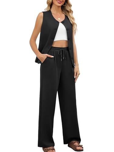 Casly Lamiit 2 Piece Lounge Sets for Women Dressy Casual Outfits Travel Airport Sleeveless Blazer Vest and Pants Set Beach Vacation Clothes Black XL — view 3