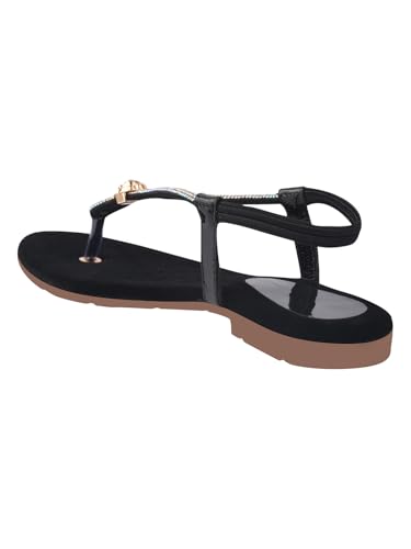 Image of Shoetopia Women's Embellished T-Strap Flats - Crystal Detail Toe Loop Sandals with Cushioned Black Footbed, Slip-On Ethnic Casual Comfort Flats
