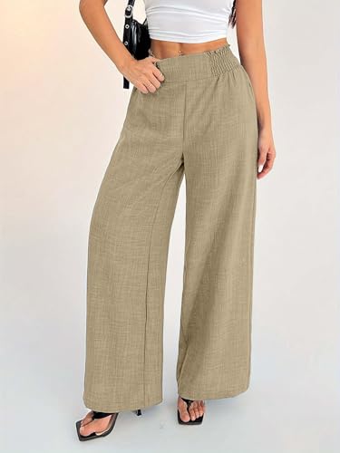 Image of Sugathari Women's Casual Wide Leg Pants - High Waist Elastic Waistband Loose Fit Long Trousers | Lightweight Straight Leg Summer PantsTrouser 254