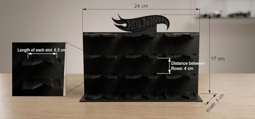 Image of Premium 12-Car Display Rack for Hot Wheels & 1:64 Scale Cars, Eco-Friendly Biodegradable Plastic, 24 cm H x 18 cm B x 5 cm W (Black)