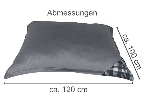SUNNYDOGS Hundebett XXXL | waschbares Hundekissen mit Reißverschluss | graues Liegekissen für große Hunde | Wendekissen karo 120 x 100 cm