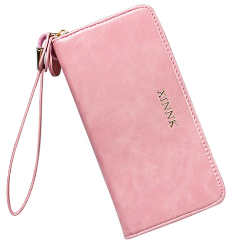 Womens Leather Wallets, Wallet for Women, Clutch RFID Blocking Leather Wristlet Purse Large Capacity Credit Card Holder with Grip Hand Strap (Pink)