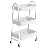 StowBin 3 Tier Metal Storage Trolley with Wheels – Rolling Utility Cart with Handle and Mesh Shelves for Kitchen, Bathroom, Office – White