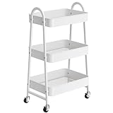 StowBin Rollwagen mit 3 Ebenen, Rollwagen Metall, Servierwagen aus Metall, Küchenwagen, Küchenregal mit Griffen,weiß