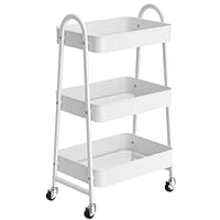 StowBin Rollwagen mit 3 Ebenen, Rollwagen Metall, Servierwagen aus Metall, Küchenwagen, Küchenregal mit Griffen,weiß