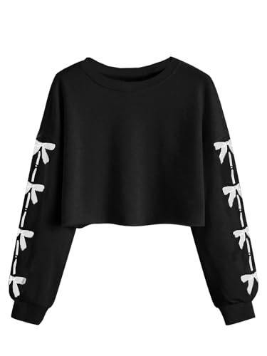 Haloumoning Girls Cute Bow Pinted Cropped Sweatshirt Kids Long Sleeve Crop Tops Fall Fashion Shirts