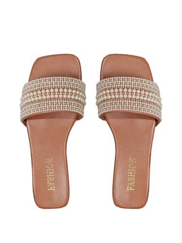 Verdusa Women's Pearl Decor Flat Sandals Slip Open Toe Leather Slippers Slip on Slides