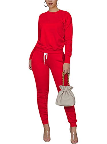 2 Piece Outfits Women Crewneck-Sweatshirt - Solid Long Sleeve Tops High Waist Stacked Pants with Pockets Tracksuit Red S