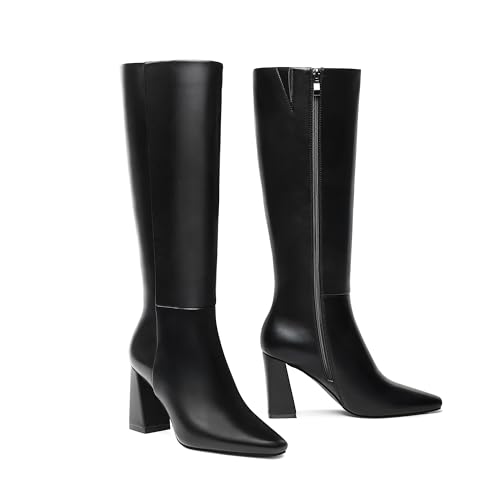 Meolee Knee High Boots for Women Square Toe Chunky High Heel Tall Boots Fashion Long Boots with Side Zipper3