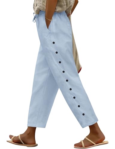Voqeen Womens Wide Leg Trousers with Elasticated Waist Summer Cropped Trousers Cotton for Ladies Lightweight with Drawstring Pockets Casual Palazzo Pants Loose Lounge Bottoms for Holiday Beach Work