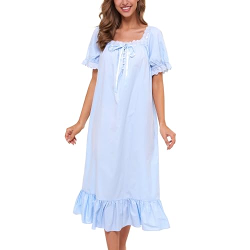 Lu's Chic Women's Victorian Nightgown Old Fashioned Calf Length Ruffle Princess Night Gown Short Sleeve Night Dress Sleep Vintage Nightdress Scoop Neck 100 Cotton Lace Blue XX-Large