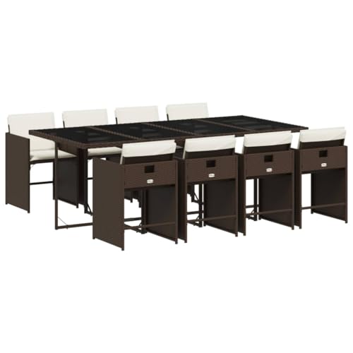 Image of 8-Seater Patio Dining Set with 8 Brown PE Rattan Chairs and Foldable Table, 9-Piece Outdoor Furniture Set Includes Weather-Resistant Cushions and Tempered Glass Top