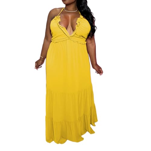 Image of TOPSRANI Womens Sleeveless Maxi Dress Halter Casual Backless Smocked Tiered Ruffle Flowy Sexy Slip Sling Strap Dresses