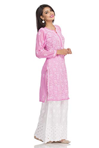 Image of Ada Lucknow Chikankari Hand Embroidered Faux Georgette Kurta Kurti Tunic Dress for Women A95504
