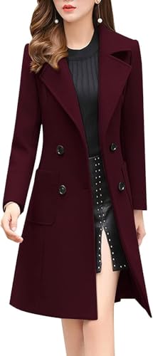 ebossy Women's Elegant Wool Blend Pea Coat Notched Lapel Double Breasted Winter Warm Mid Long Overcoat, Wine Red, Small