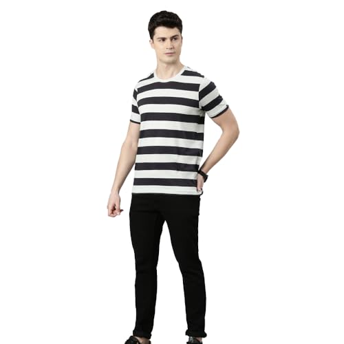 Image of FASO Men's Yarn Dyed Striped T-Shirt | Super Soft Combed Cotton | Sporty Big Stripes | Half Sleeves | Customized Comfort Fit for Smart Casual Wear