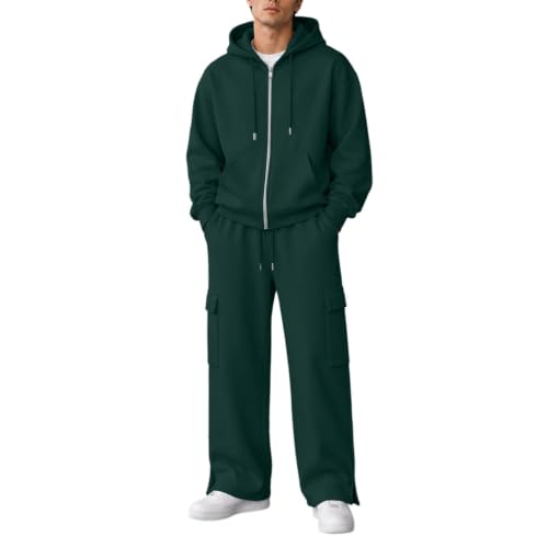 CSVBVSQ Sweat Suits,Men Sweatsuits Sets Zip Up & Pullover Sweatshirt And Cargo Sweatpants 2 Piece Track Suit Sweatsets Baggy Fall Winter Outfits(Dark Green,3X-Large)