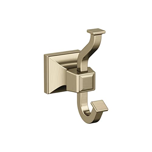 Image of Amerock Mulholland Double Prong Golden Champagne Wall-Mounted Hook | Decorative wall hook in durable zinc construction for coats, hats, bags, towels, and everyday organization