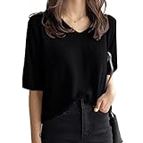 [ANCKDOCE] レディース サマーニット半袖 Tシャツ Vネック ゆったり 落ち感カットソー ファッション夏服 トップス きれい め コーデ (Black)