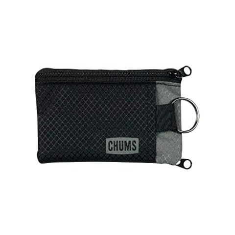 Chums Surfshorts Wallet - Lightweight Slim Wallet with RFID Blocking Card & Clear ID Window - Zippered, Water Resistant w/ Key Ring (Black/Gray) Cover