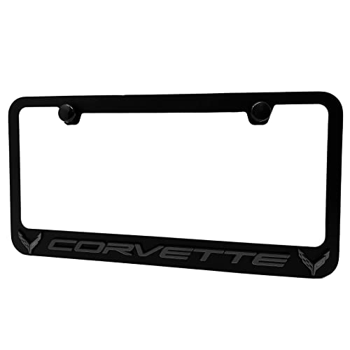 C8 Corvette License Plate Frame - Black with Black C8 Crossed Flags Logo for 2020-2025 Stingray Z51 Z06 E-Ray Corvettes (Black)
