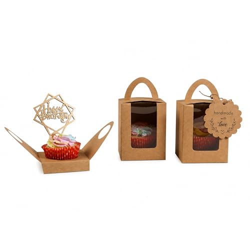 Image of mudrit Kraft Cupcake Boxes (Pack Of 50, Single Cupcake Carrier With Window, Insert And Handle For Pastry, Muffins, Cookies, Macaroons, Bakery | Party Favor Packing (Cardboard, Brown)