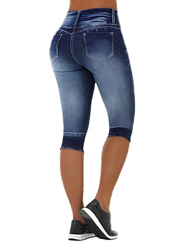 Flamingals Women's Distressed Mid Waist Skinny Jeans Stretchy Button Raw Hem Fall Trendy Denim Capris3