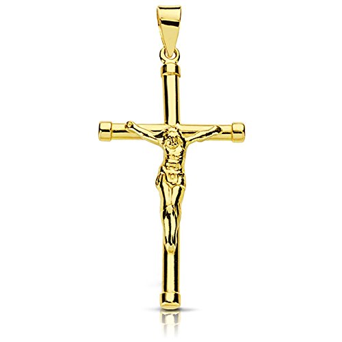Colgante cruz crucifijo oro 18k Cristo 32mm. palo redondo terminaciones chatones unisex