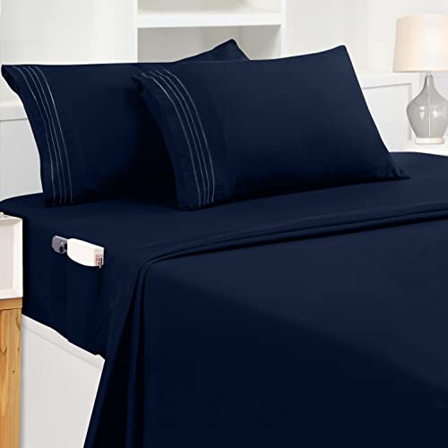 Utopia Bedding Queen Sheet Set – Soft Microfiber 4 Piece Luxury Bed Sheets With Deep Pockets - Embroidered Pillow Cases - Side Storage Pocket Fitted Sheet - Flat Sheet (Navy) #TOP13