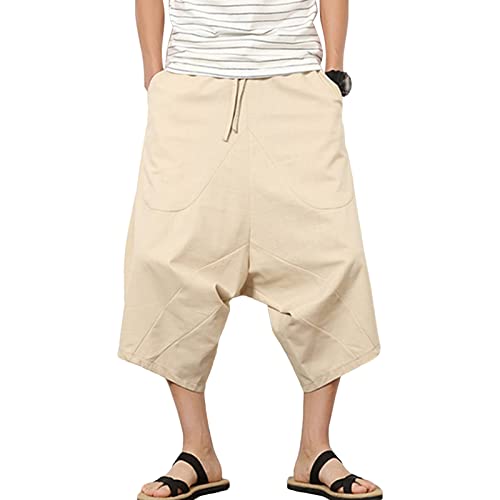 Pantacourt Baggy en Lin pour Hommes Pantalon de Yoga Sarouel à Taille élastique avec Cordon de Serrage Short 3/4 Décontracté Léger à Jambe Large (Jaune Clair,XXL) Cover