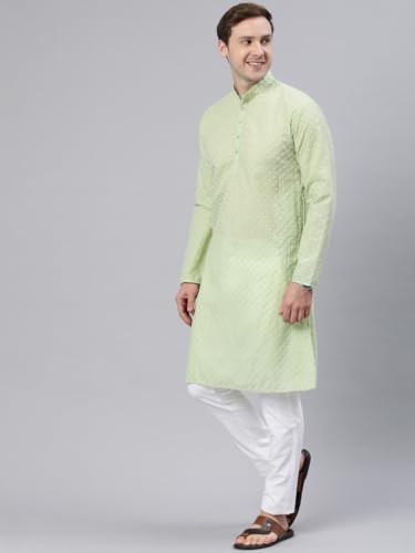 Image of Majestic Man Men's Cotton Blend Regular Fit Casual Polyester Mandarin Collar Ethnic Motifs Embroidered Long Regular Kurta