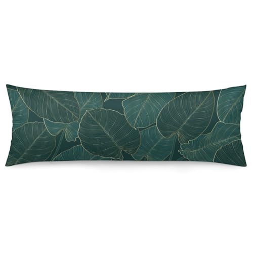 ASREUQY Tropical Leaves Body Pillow Cover Emerald Green Minimalist Geometric Palm Leaf Body Pillowcase Plant Decorative Long Pillow case for Sofa and Bedroom, 20x54 Inch