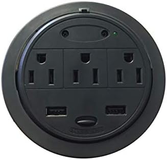 Kable Kontrol PowerTap Desk Outlet Power Grommet – 3 AC Outlets / 2 Powered USB | 8’ Feet Long Heavy-Duty Power Cord | Color – Black | Durable ABS Plastic