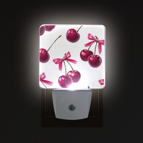 Image of Cherry Pink Bow Pattern Night Lights 2 Pack Plug-in Wall Led Nightlight Auto Dusk-to-Dawn Sensor Lamps for Bedroom Kitchen Bathroom