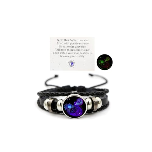 Aktully Aquarius Zodiac Signs Spirit Bracelet, Adjustable 12 Constellation Bracelet, Multilayer Black Leather Bracelets, Birthday Jewelry Gifts for Women Men