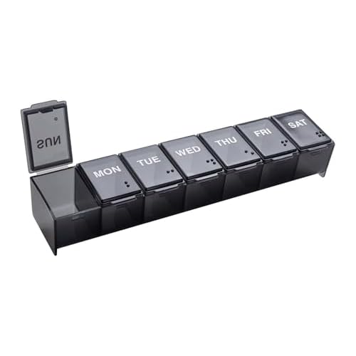 EZY DOSE Weekly (7-Day) Daily Pill Case, Medicine Planner, Vitamin Organizer, Supplement Container, Convenient and Easy to Use, Large Compartments, Travel Friendly, Black, Made in the USA, BPA Free