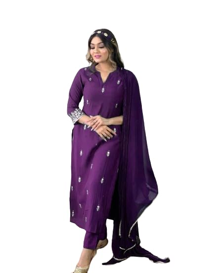 KBRWomen's Rayon Slub Straight Kurta Set with Pant & Pure Chinnon Dupatta, Gorgeous Embroidery Ethnic Kurta Set for Festive, Party, Casual Wear