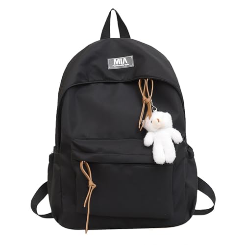 HEGZA Zaino casual per donna Zaino per studenti delle scuole medie coreane in tinta unita Zaino semplice di grande capacità, nero, confezione singola + ciondolo