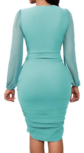 Image of SeNight Women's Court Dress V Neck Long Sleeve Print Top Solid Bottom | Women's Court Dress V Neck Long Sleeve Solid Color Mini Bodycon Stretchy Formal Wear