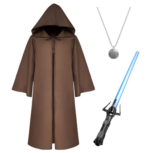 Amycute Costume Guerrier Sabre Laser Cape Avec Capuche Déguisement Guerrier Militaire Accessoire Fête Cosplay Carnaval Halloween Enfant Adulte Garçon Fille (Marron Adulte, S)