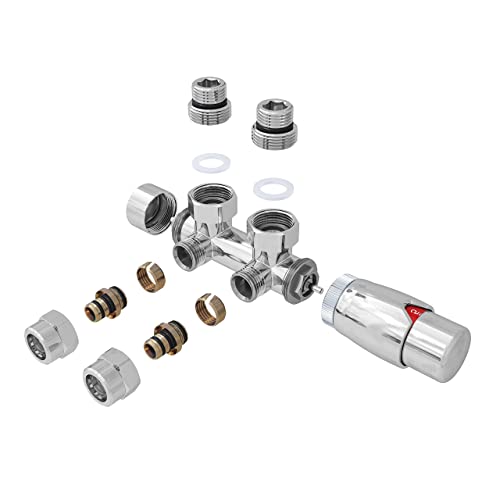 Mittelanschluss-Set Multiblock Hahnblock Eckform inkl. Thermostatregler für Badheizkörper Ventil Armaturen Set Anschlussgarnitur mit Thermostat für Heizkörper Chrom | AQUABATOS Cover