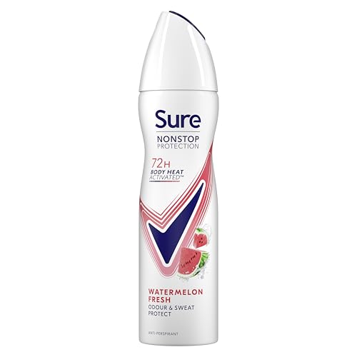 Sure Nonstop Protection Watermelon Fresh Anti-Perspirant Aerosol Women's Deodorant Spray with Body Heat Activated tech. and a watermelon & cactus scent for 72 hour odour and sweat protection 150 ml